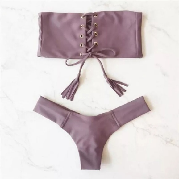 FINAL SALE!!! Bandeau lace up lavender bikini set - Picture 2 of 7